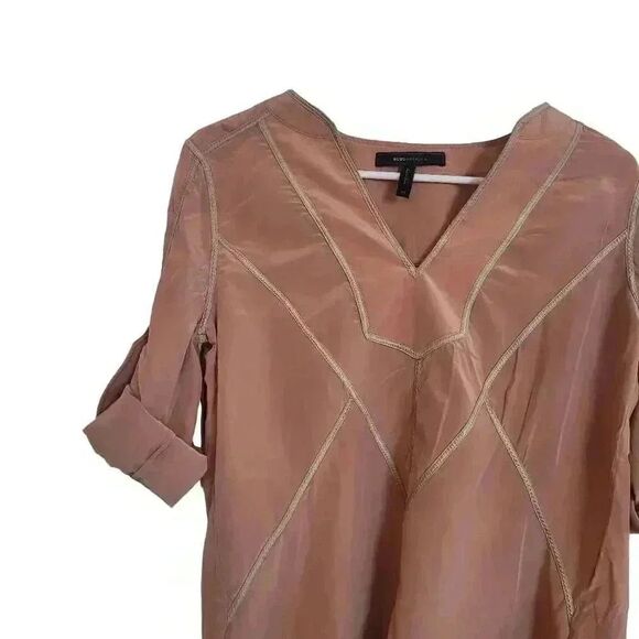 BCBGMAXAZRIA Women's Cantaloupe Silk Roll Tab Sleeves Top - Picture 2 of 9